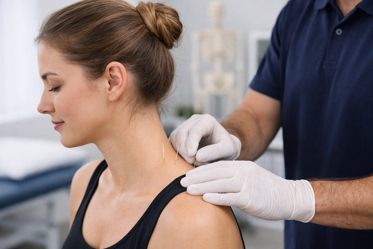 what-is-dry-needling-physiotherapy Physiotherapist performing dry needling on shoulder muscle for trigger point pain