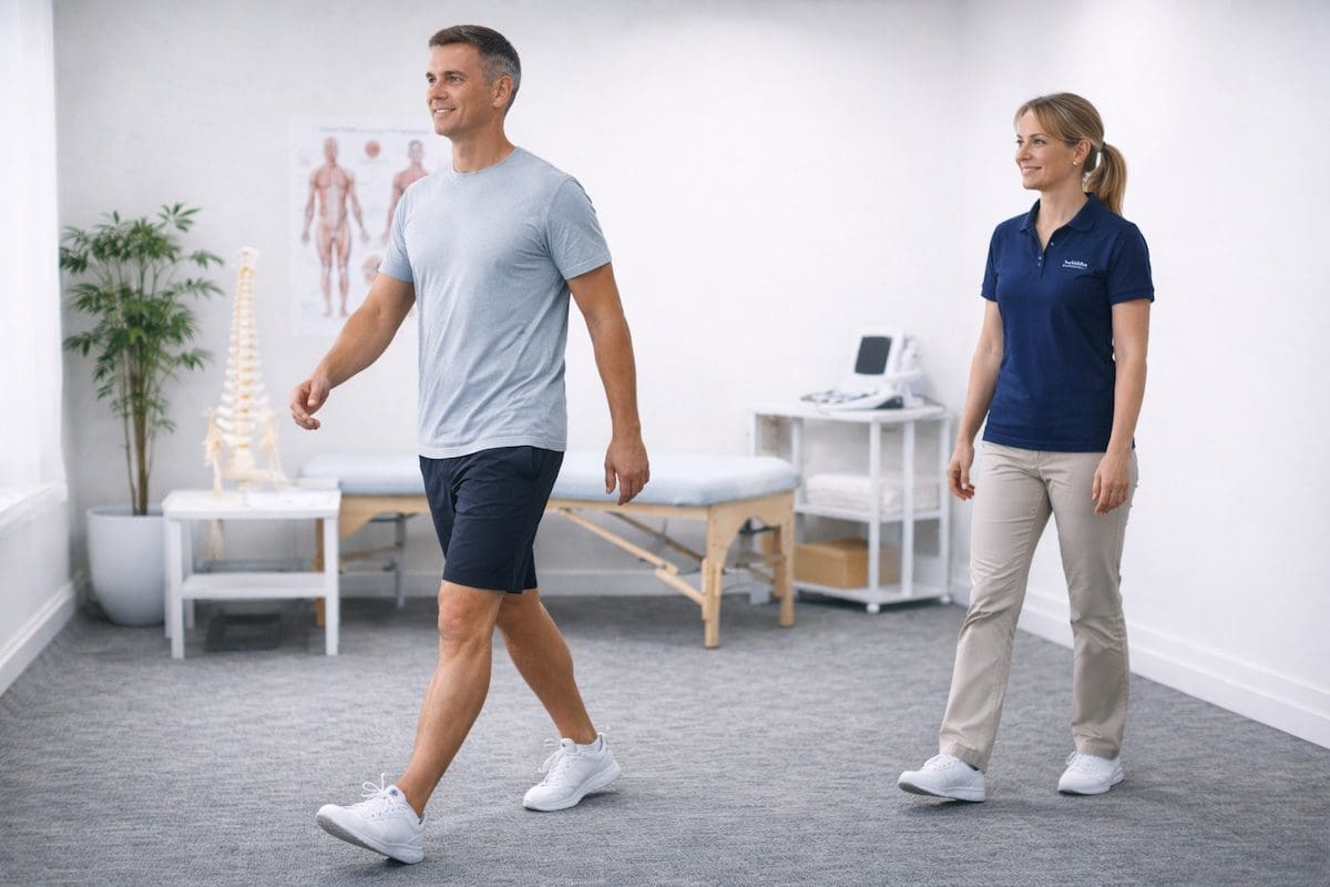 Confident recovery at physiotherapy clinic Lower back pain recovery walking confidently during physiotherapy rehabilitation session