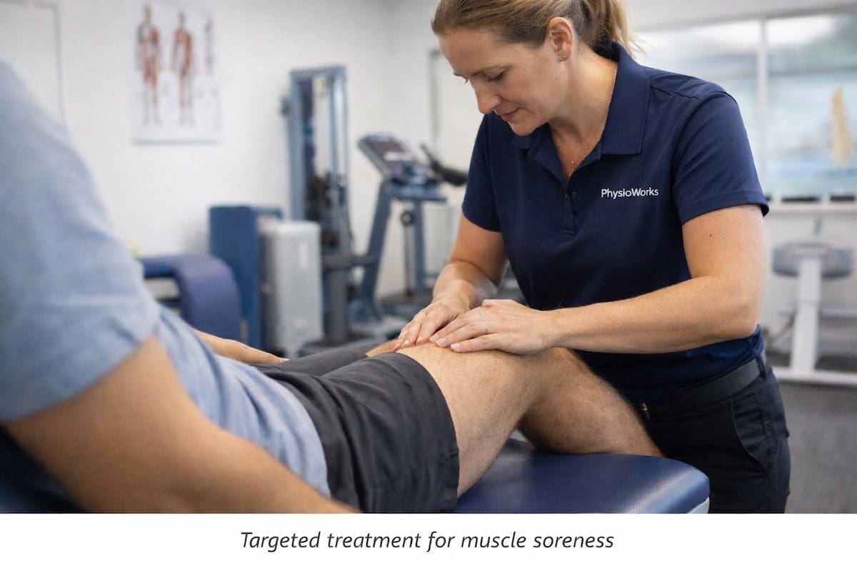 Manual therapy for muscle soreness recovery Physiotherapist treating thigh muscle soreness from DOMS using manual therapy techniques