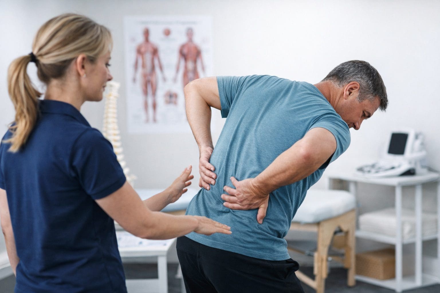Physiotherapy guidance in a modern clinic Physiotherapist assessing lower back pain movement in Brisbane clinic setting
