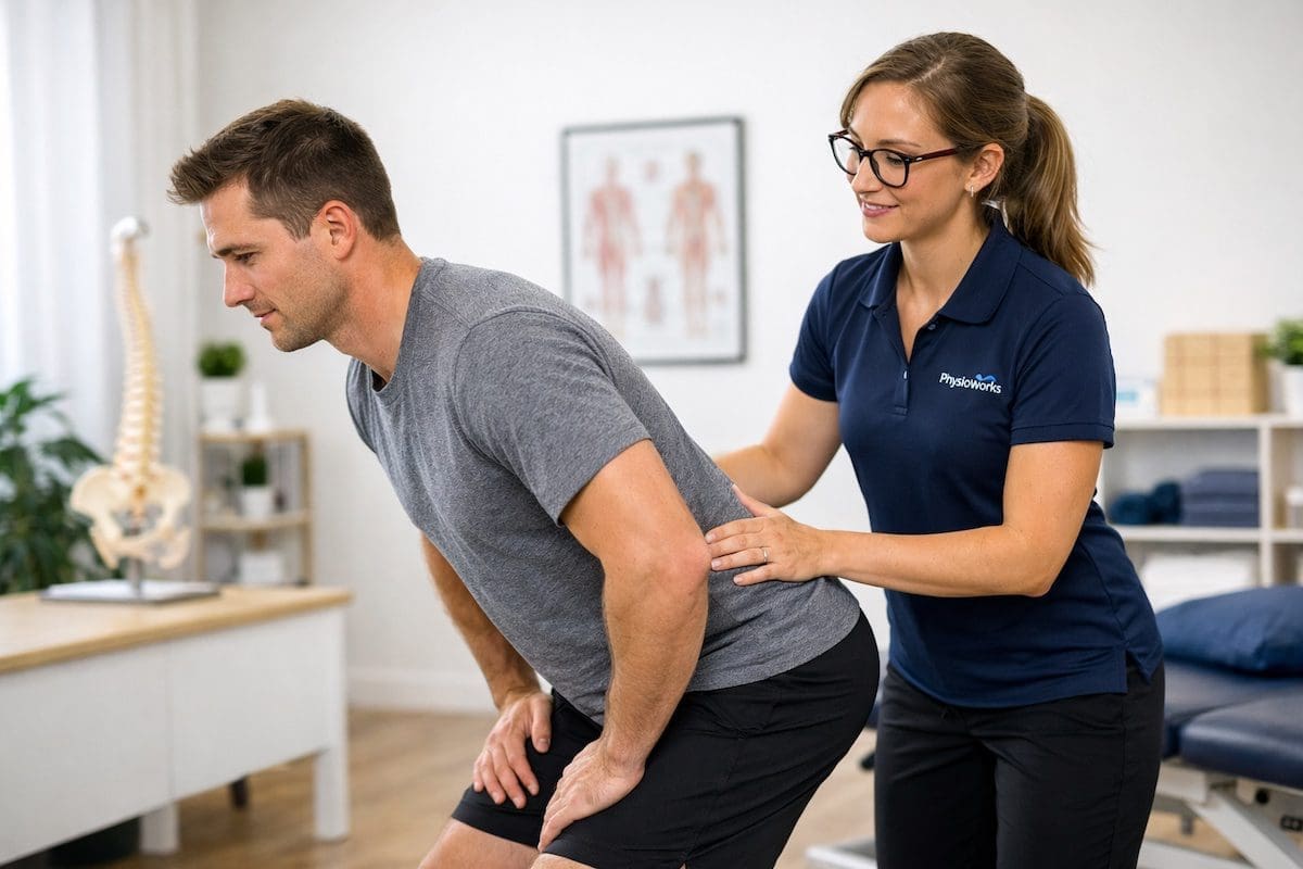 Physiotherapy session in progress Lower back pain physiotherapy assessment with guided lumbar movement in clinic
