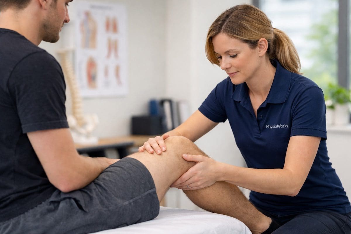 ACL knee assessment physiotherapist performing ligament test on exposed knee in clinic