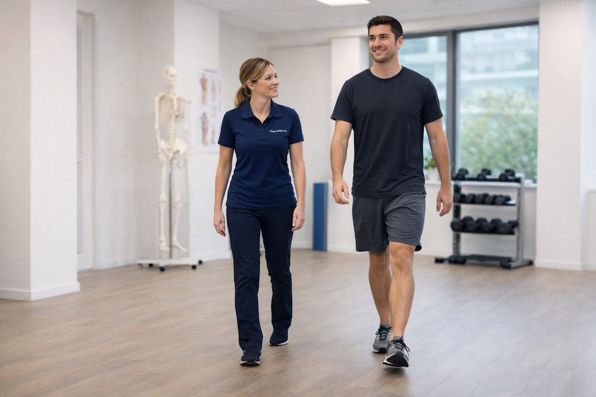 ACL recovery walking confidently after knee rehabilitation with physiotherapist support
