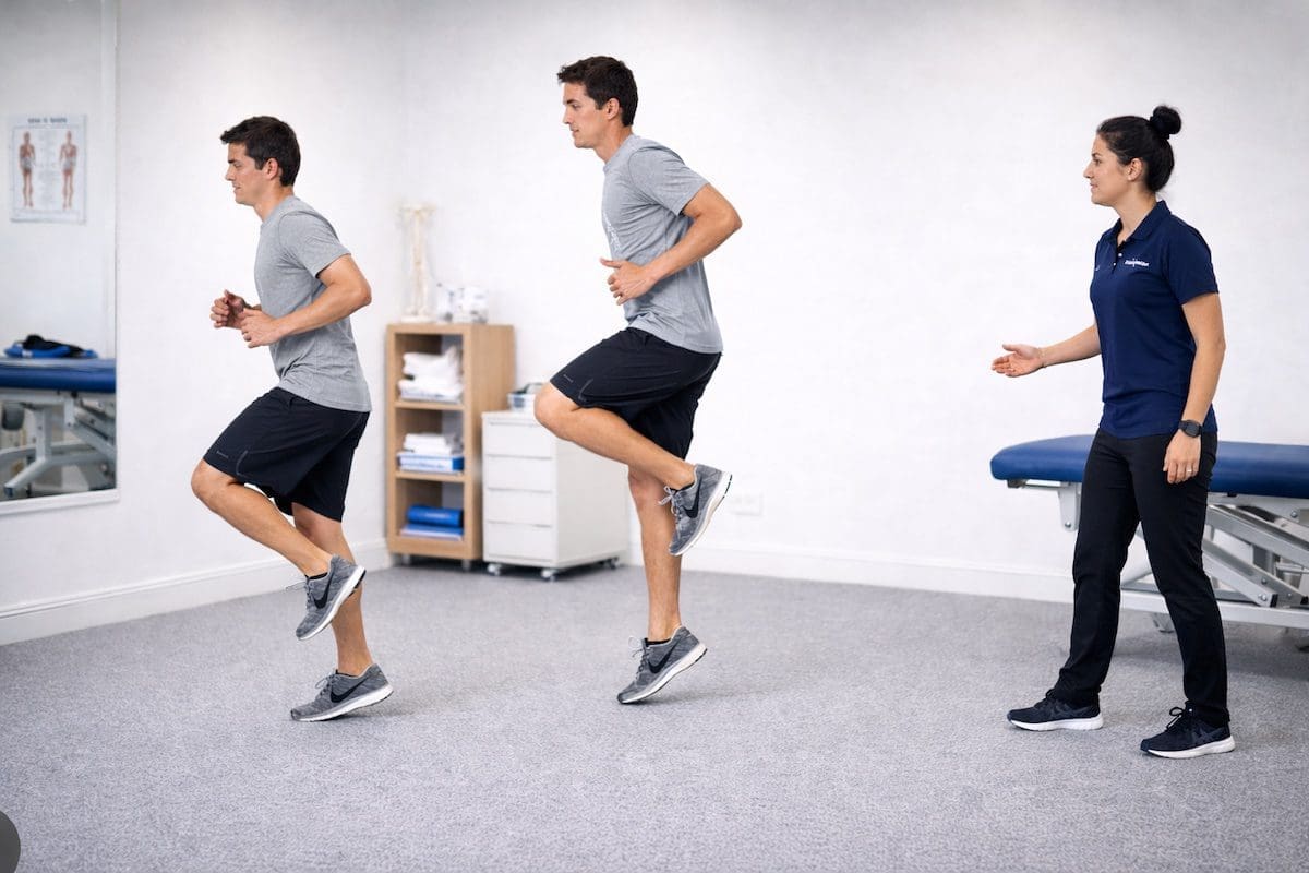acl-rehabilitation-running-progression-single-leg-control ACL rehabilitation single-leg running progression exercise showing knee control and stability