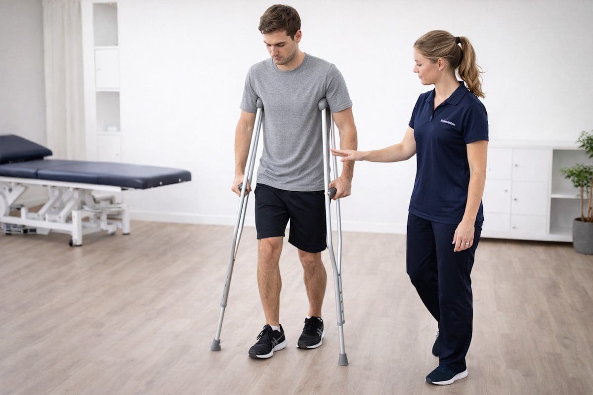 Acute injury crutch walking guidance by physiotherapist during safe partial weight bearing