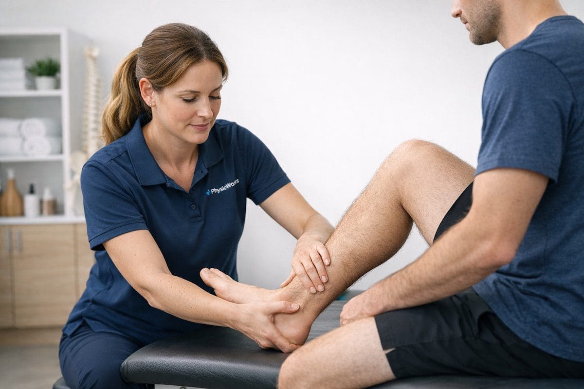 physiotherapist assessing ankle joint mobility with passive movement during ankle injury examination