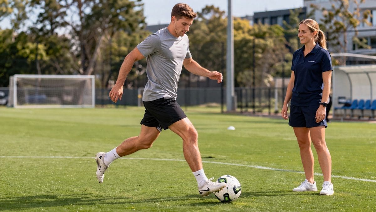 Running during football after ankle injury recovery with physiotherapist observing progress