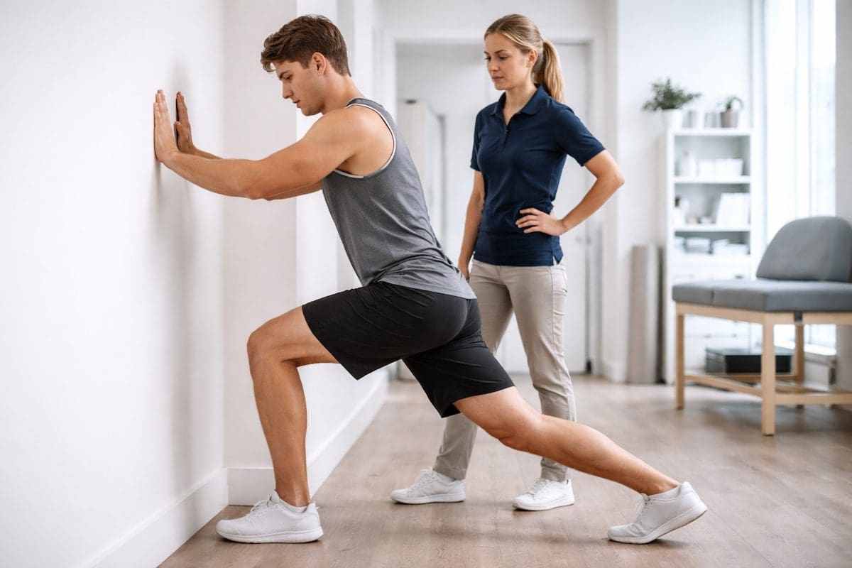 ankle-pain-assessment-physiotherapy-clinic physiotherapist assessing ankle pain in young adult patient