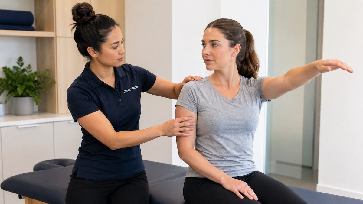 Anytime Fitness Sandgate member having shoulder movement assessed by physiotherapist