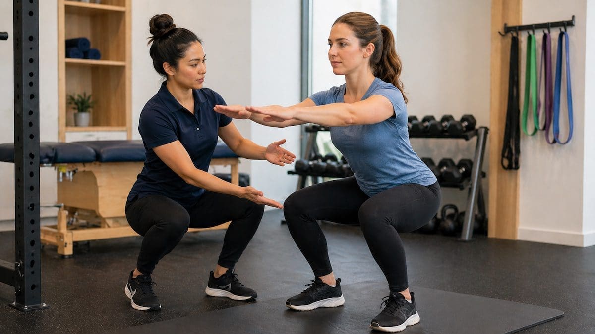 Anytime Fitness Sandgate member receiving squat technique coaching from physiotherapist