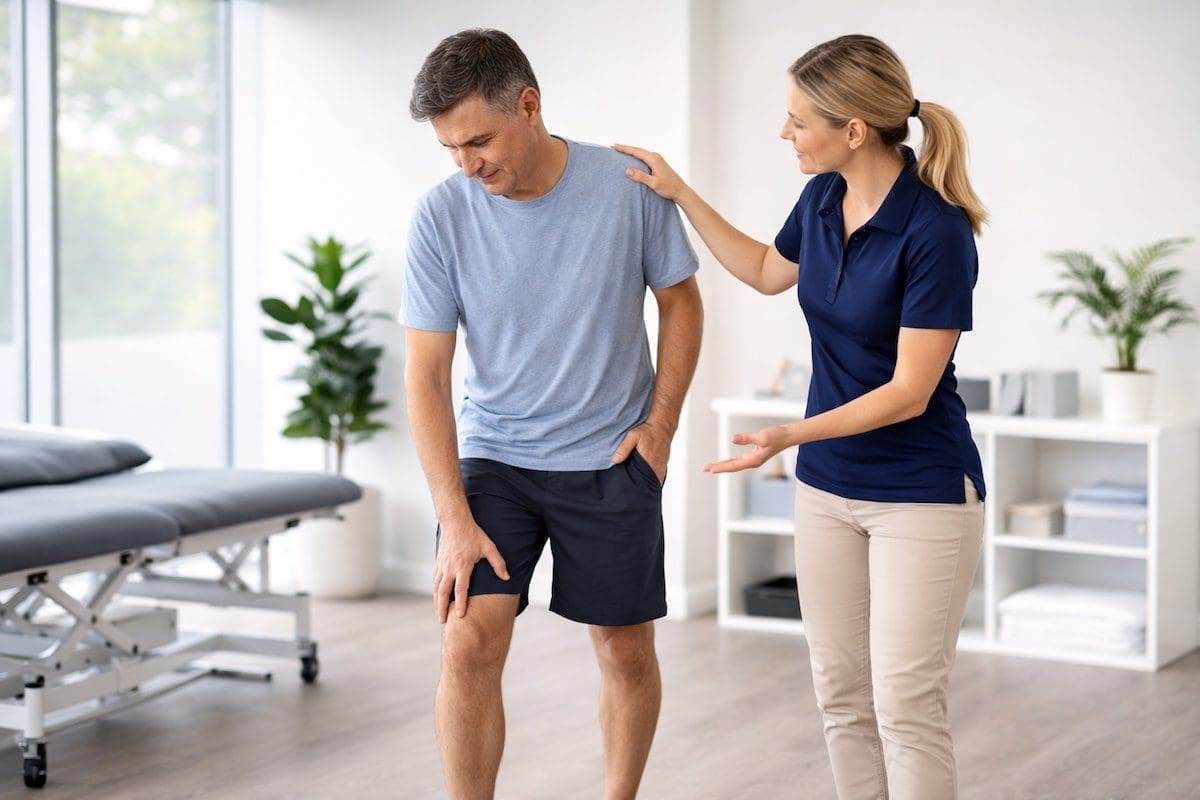 arthritis-management-physiotherapy-consultation Physiotherapist guiding a patient through joint movement assessment for arthritis in a modern clinic