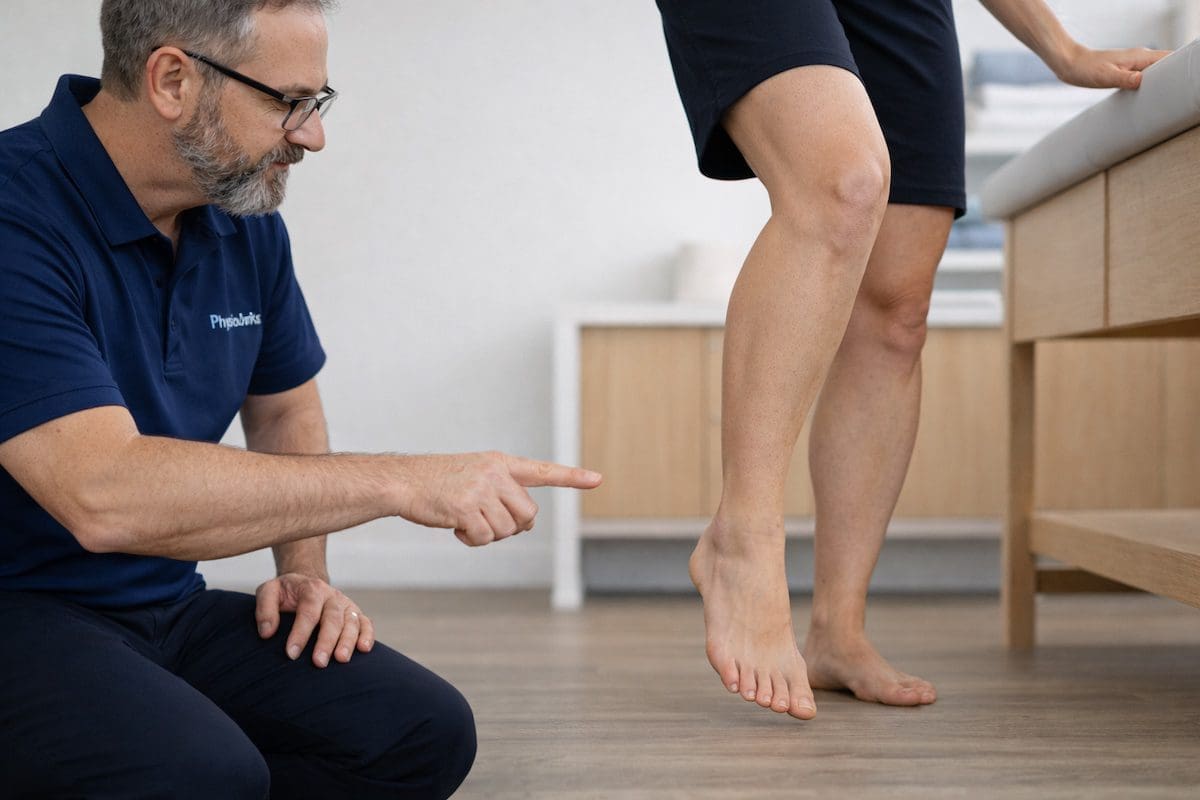 barefoot-heel-pain-assessment-achilles-test-physiotherapy Barefoot heel pain assessment with physiotherapist observing Achilles tendon during standing test