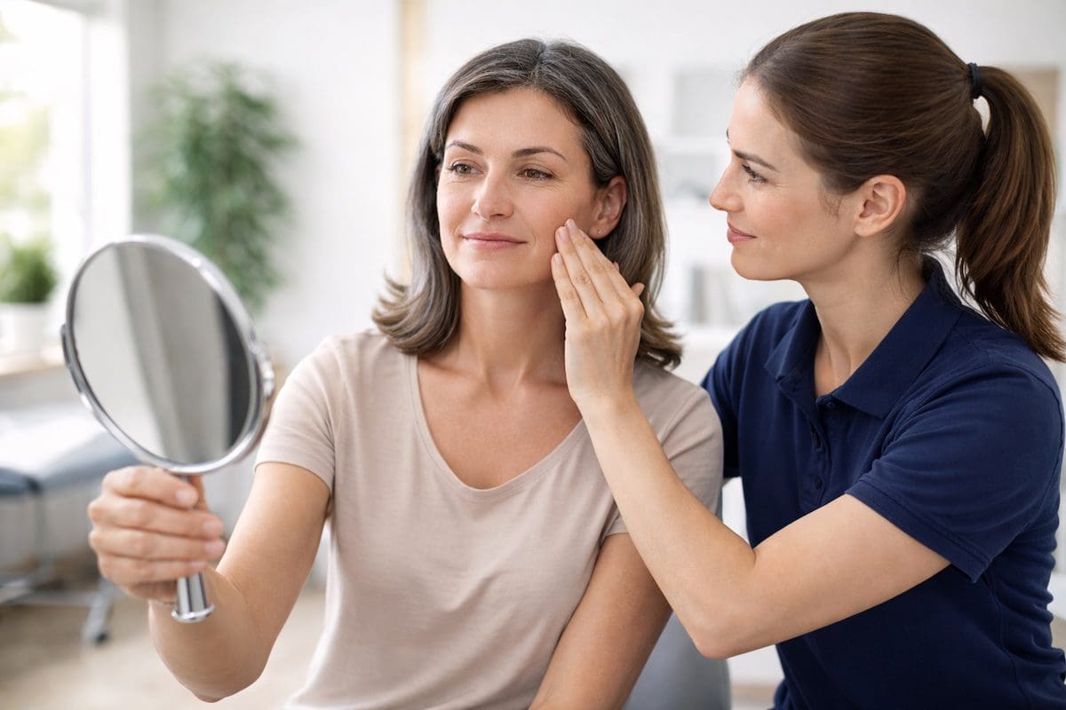 bells-palsy-facial-exercise-physiotherapy-brisbane Facial weakness assessment using mirror feedback with physiotherapist guiding facial movement