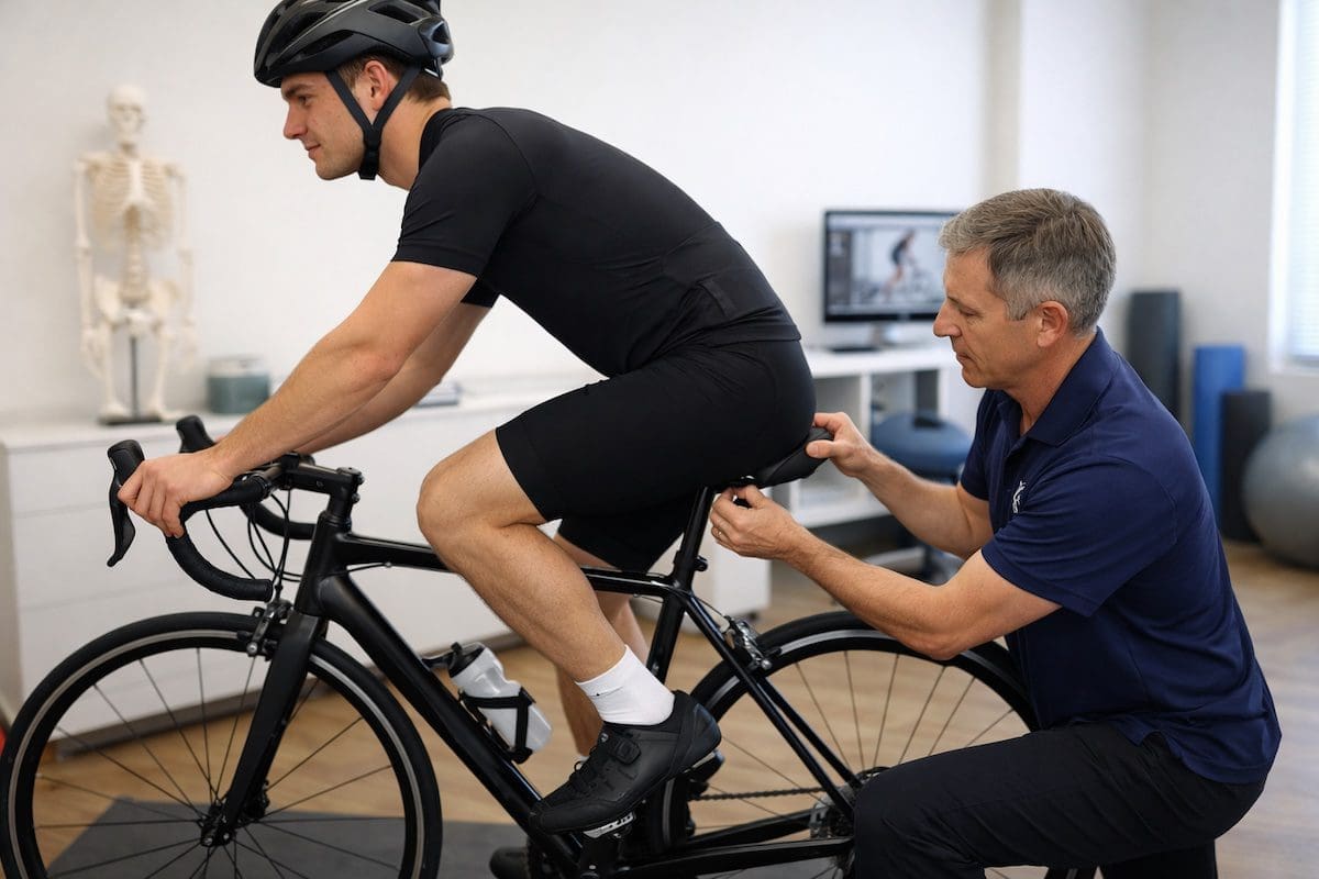 Physiotherapist adjusting bike saddle height during indoor cycling bike fitting session