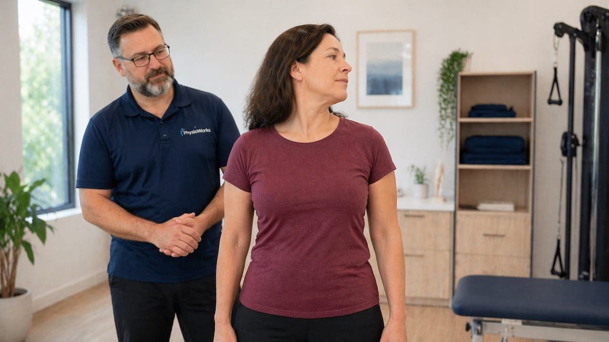 bppv-treatment-head-movement-recovery-physiotherapy Patient performing controlled head turn after BPPV treatment without dizziness
