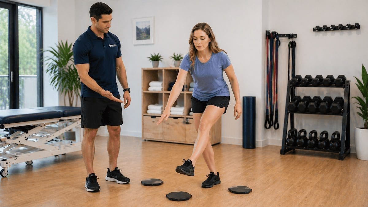 Single-leg reach balance drill improving ankle stability in chronic ankle instability rehab