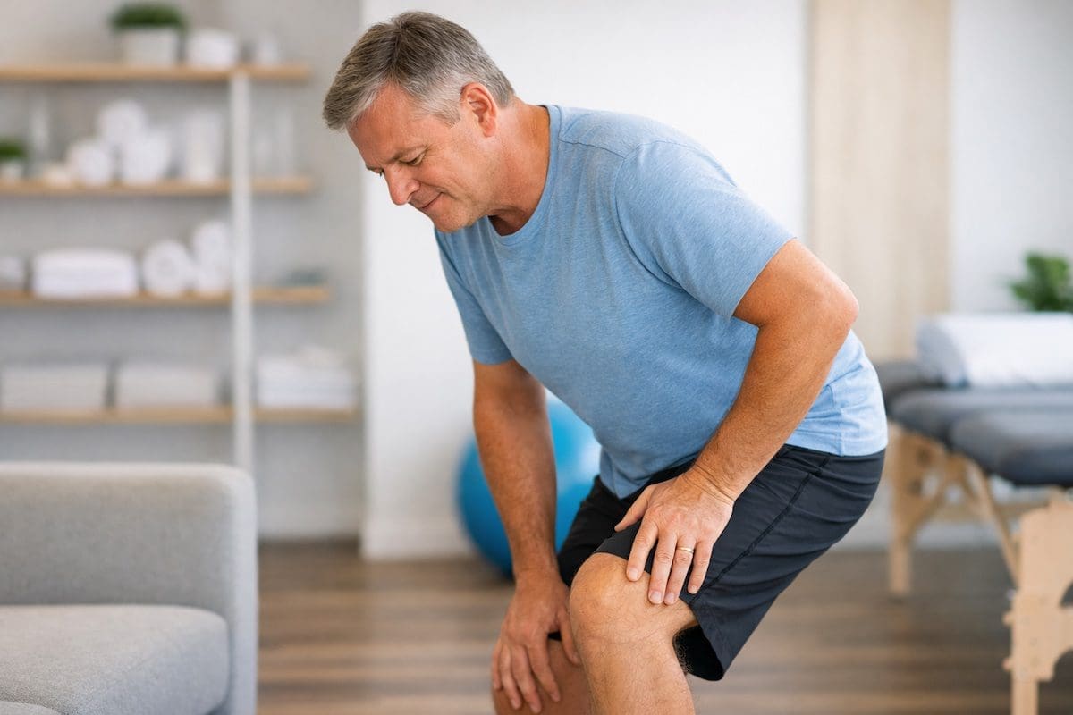 early-arthritis-joint-stiffness-standing-movement-clinic Person in their 50s showing knee stiffness while standing in physiotherapy clinic