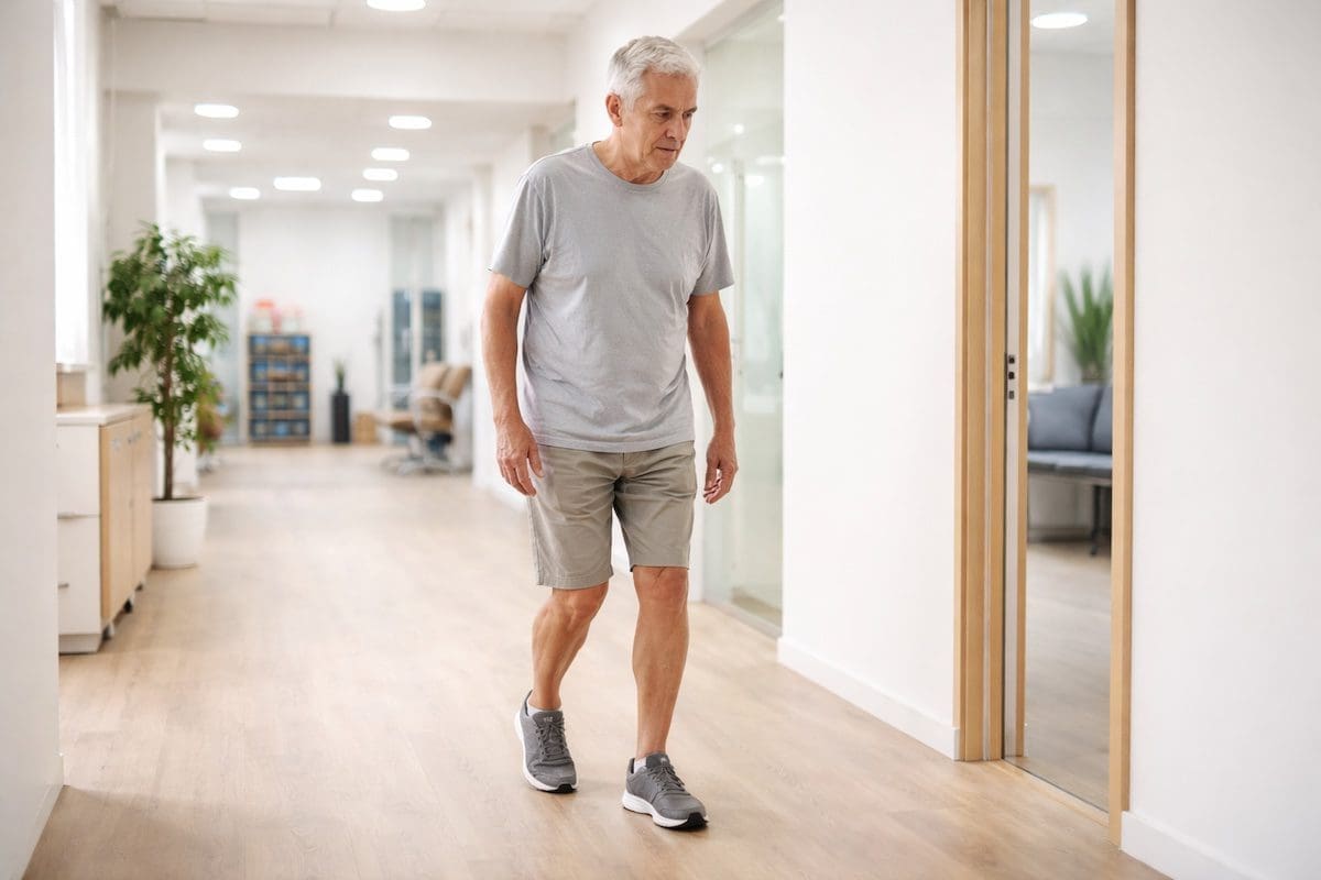 early-parkinsons-walking-difficulty-short-steps-clinic Early Parkinson’s walking difficulty showing short steps and slight forward lean in clinic setting