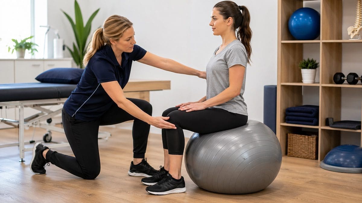 physiotherapist checking exercise ball size with seated knee and hip alignment