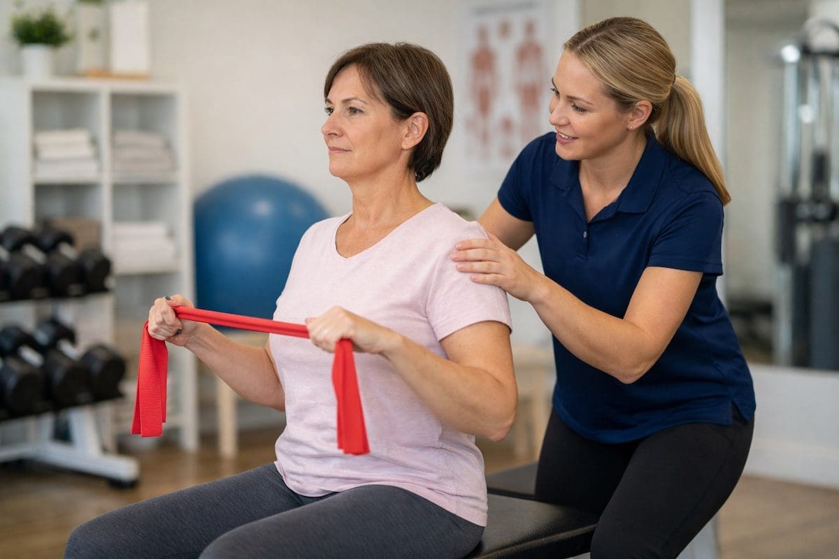 exercise oncology patient performing resistance exercise with brunette exercise physiologist supervision