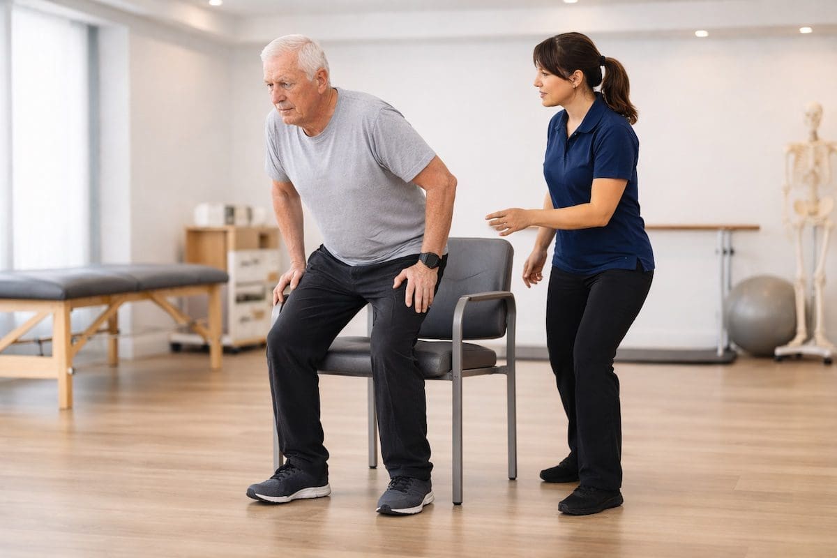femoral-neck-fracture-rehabilitation-sit-to-stand-physio Femoral neck fracture rehabilitation sit to stand exercise with physiotherapist guidance