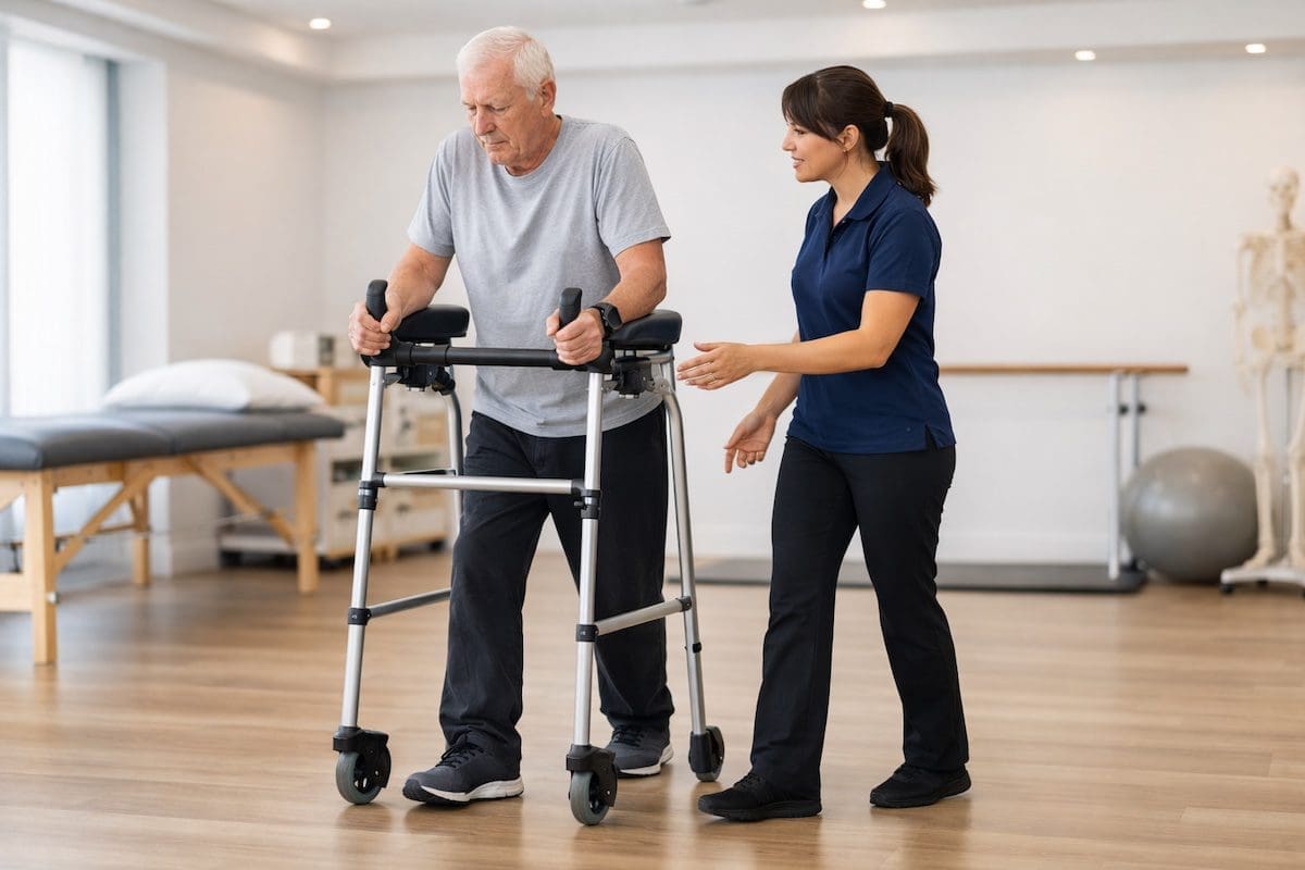 femoral-neck-fracture-rehabilitation-walking-frame-physio Femoral neck fracture rehabilitation walking with frame and physiotherapist guidance