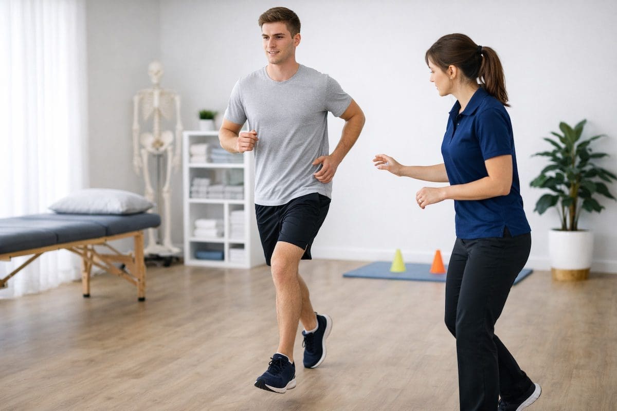 femoral-stress-fracture-return-to-running-rehab Femoral stress fracture rehab with physiotherapist guiding return to running