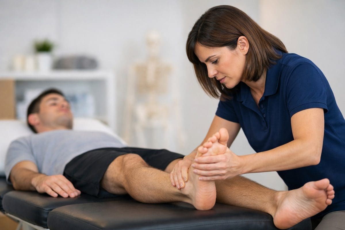 foot-ankle-manual-therapy-physiotherapy-clinic Foot and ankle manual therapy treatment by physiotherapist in clinic setting