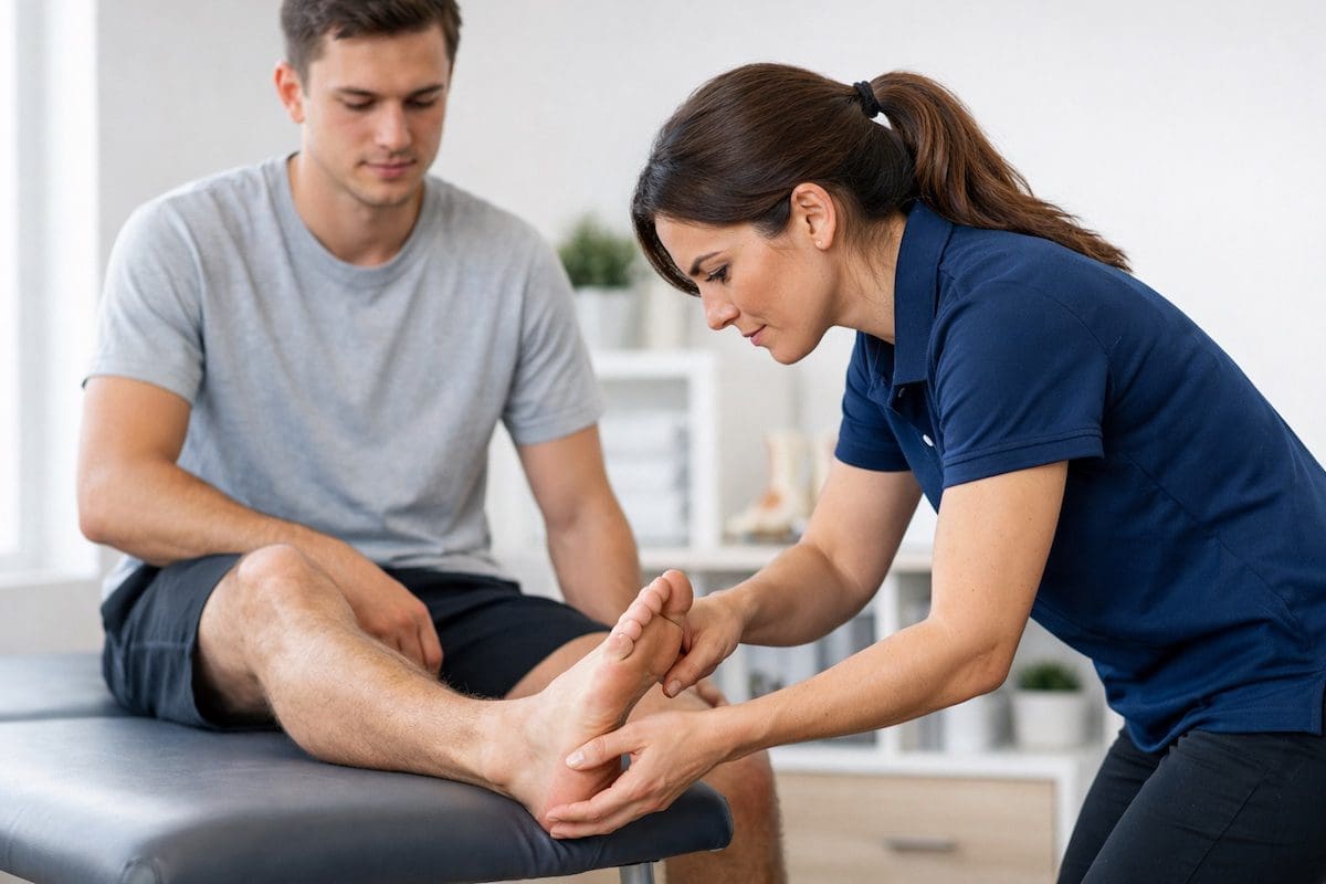 foot-pain-assessment-physiotherapy Physiotherapist assessing foot pain through arch and ankle movement testing