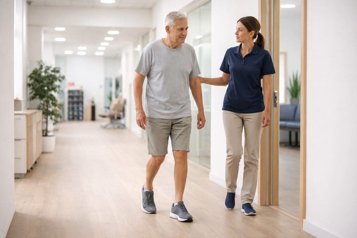 gait-retraining-physiotherapy-improved-walking-pattern Physiotherapist guiding improved walking gait and posture in older adult rehabilitation