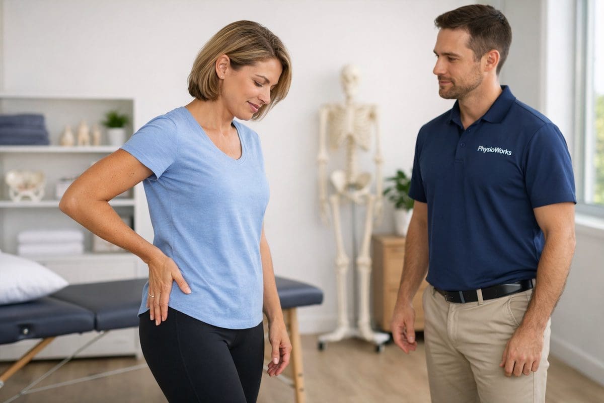 Hip pain assessment showing outer hip symptom location during physiotherapy review