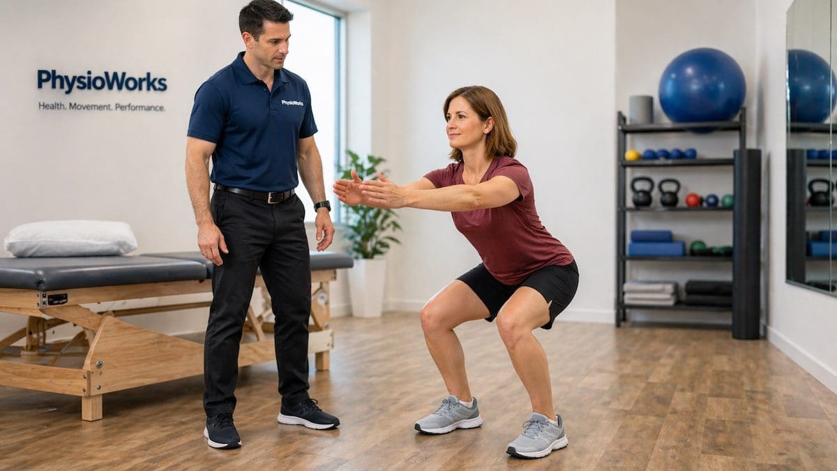 knee-exercises-functional-squat-progress physiotherapist guiding knee exercises with controlled squat and confident knee movement