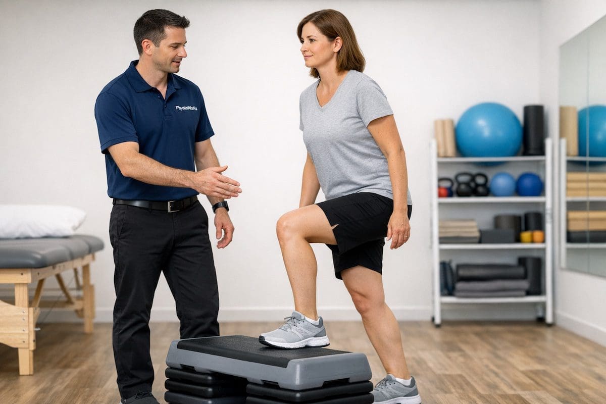 knee-exercises-guided-step-up-rehabilitation physiotherapist guiding knee exercises with controlled low step-up and knee alignment