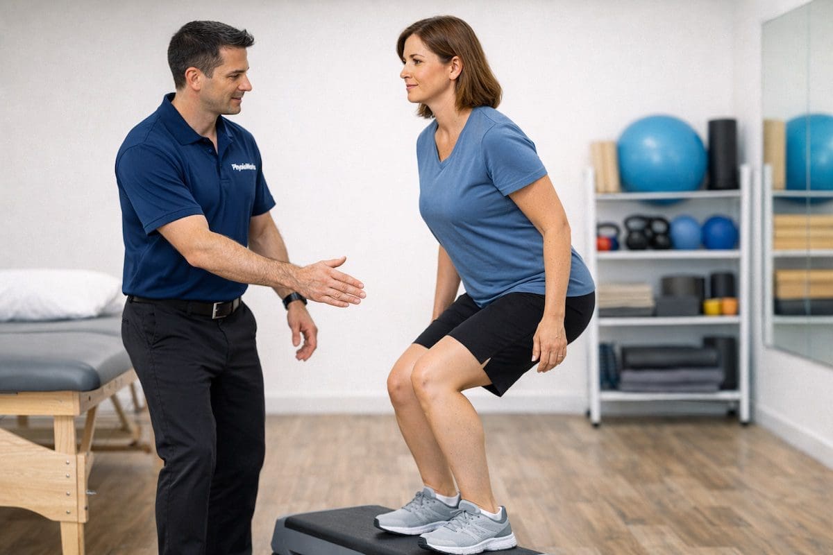 knee-exercises-supported-sit-to-stand-control physiotherapist guiding knee exercises with supported sit-to-stand and knee control