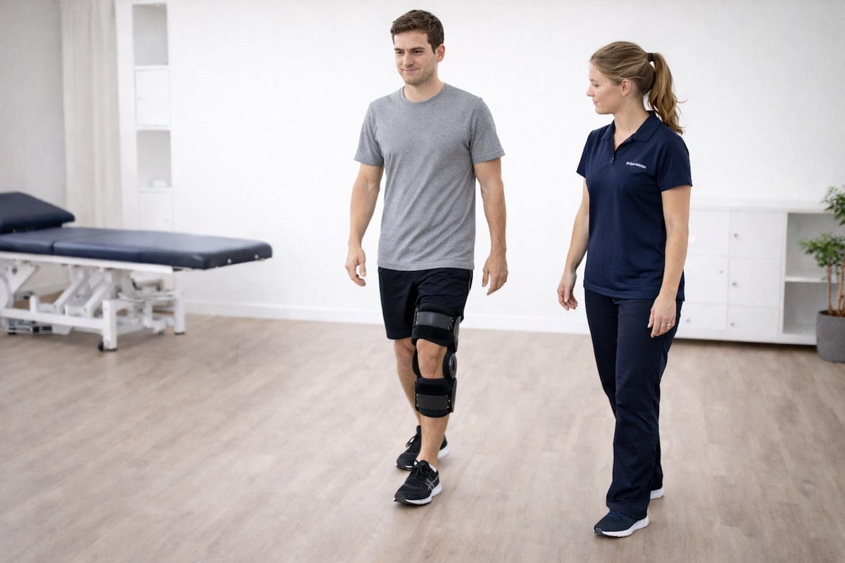 knee injury recovery walking in knee brace with physiotherapist observing gait
