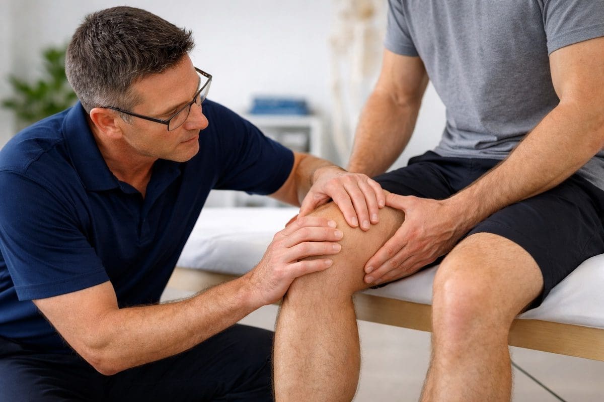 knee-joint-assessment-physio physiotherapist assessing kneecap and joint line for serious knee injury signs