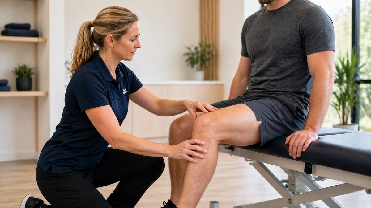 knee-ligament-stability-assessment physiotherapist assessing knee ligament stability during movement test