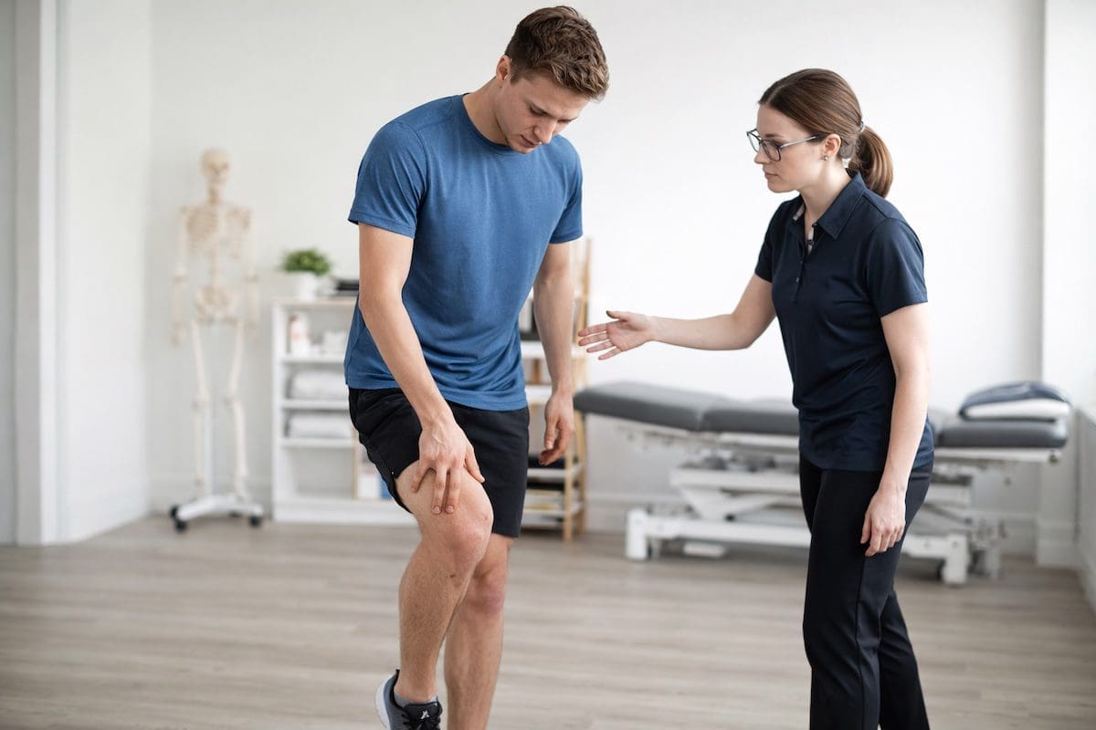 Knee Pain Physiotherapy Assessment for Runners Runner with knee pain pointing to knee during physiotherapy assessment in clinic