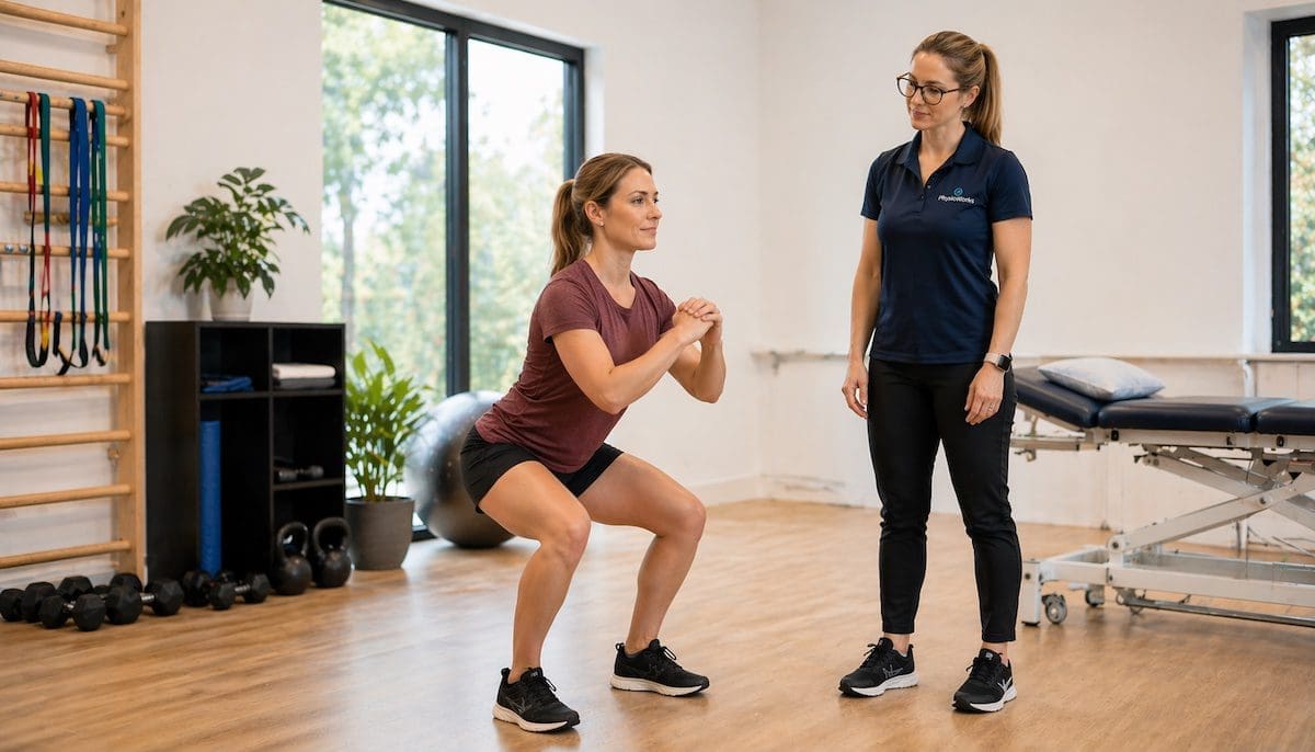 knee-treatment-functional-squat-progress Knee treatment functional squat progress with physiotherapist supervision