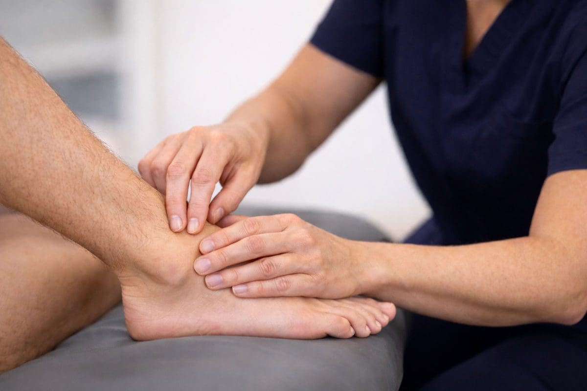 Lateral ankle ligament assessment with physiotherapist palpating anterior talofibular ligament