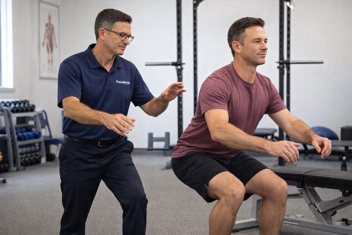 lower-back-pain-rehab-functional-progress-physiotherapy Lower back pain rehabilitation progress with guided functional exercise in physiotherapy clinic