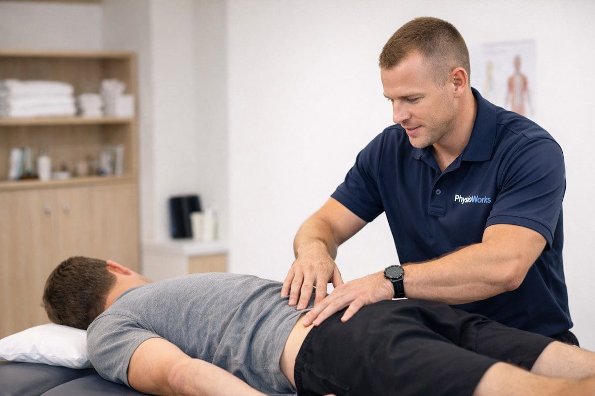 lower-back-physiotherapy-assessment-lumbar-spine Physiotherapist assessing lower back pain with lumbar spine palpation and movement testing