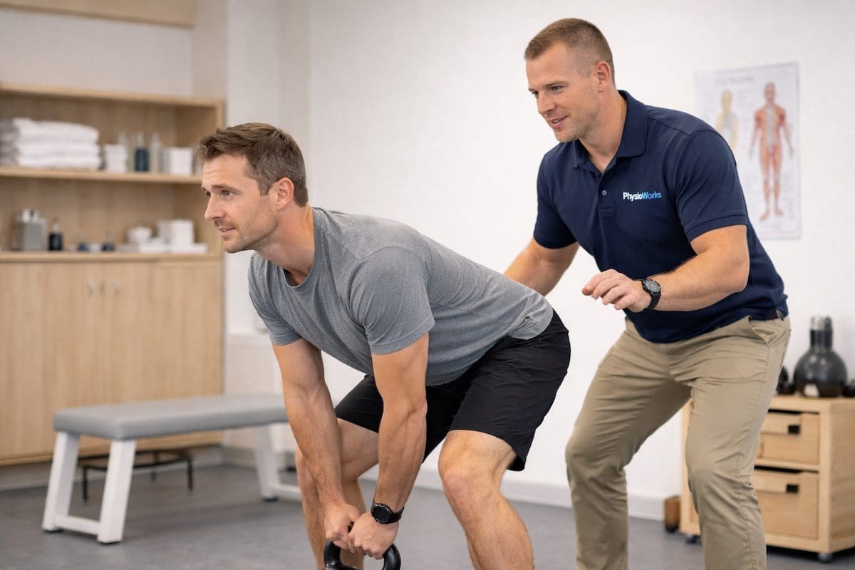lower-back-rehab-lifting-technique-physiotherapy Patient bending and lifting comfortably after lower back pain physiotherapy with improved movement