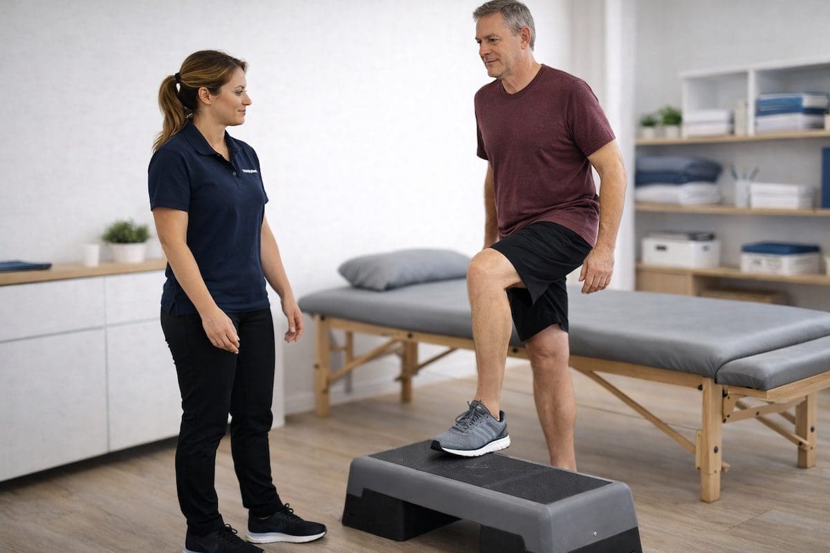 meniscus-surgery-or-physiotherapy-step-up-rehab-confidence Meniscus surgery or physiotherapy step-up rehab showing confident knee function