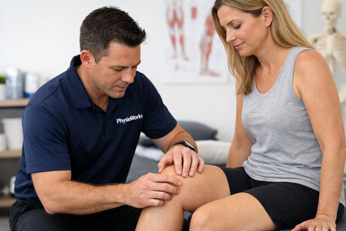 meniscus-tear-knee-assessment-joint-line-palpation physiotherapist palpating medial knee joint line assessing meniscus tear