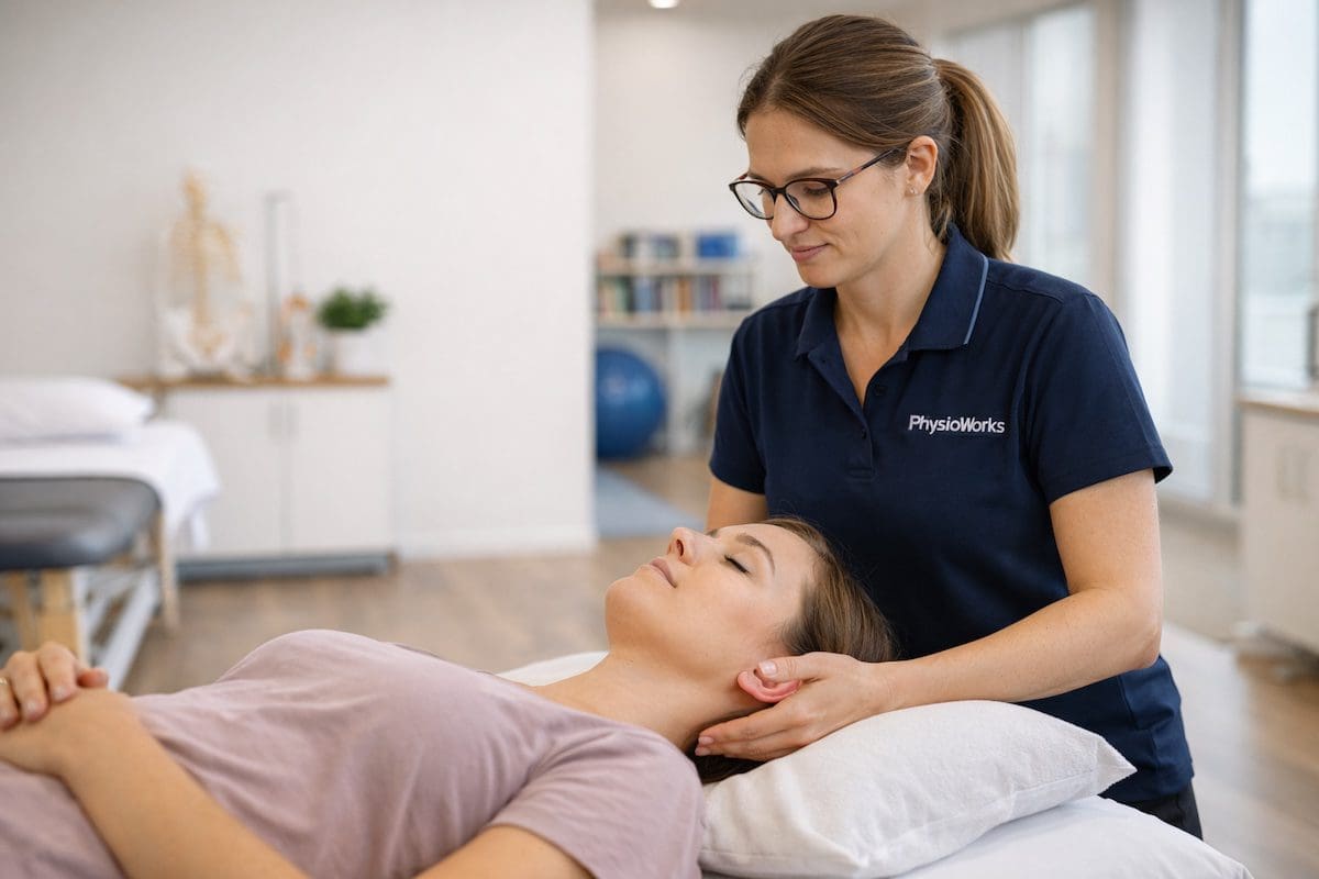 neck-pain-cervical-spine-mobilisation-physiotherapy Neck pain cervical spine mobilisation by physiotherapist during gentle manual therapy