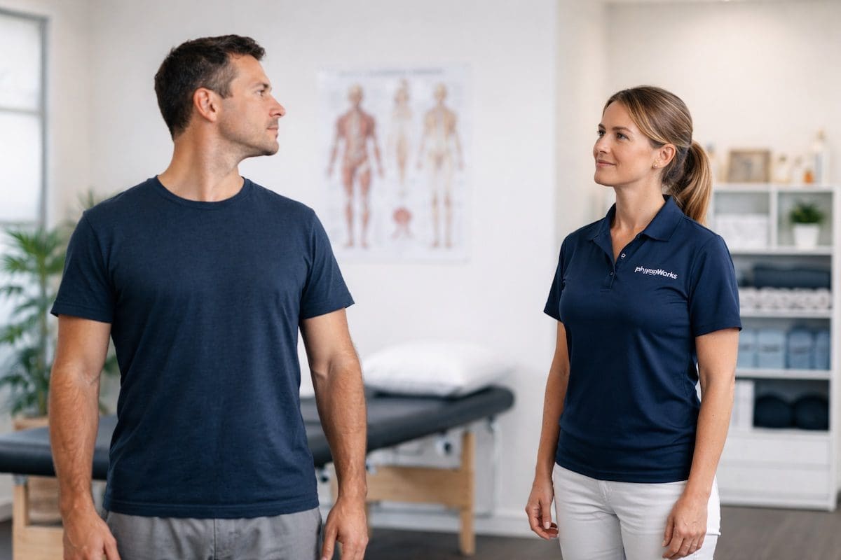 neck-pain-physiotherapy-assessment Neck pain physiotherapy assessment observing cervical movement and posture in clinic