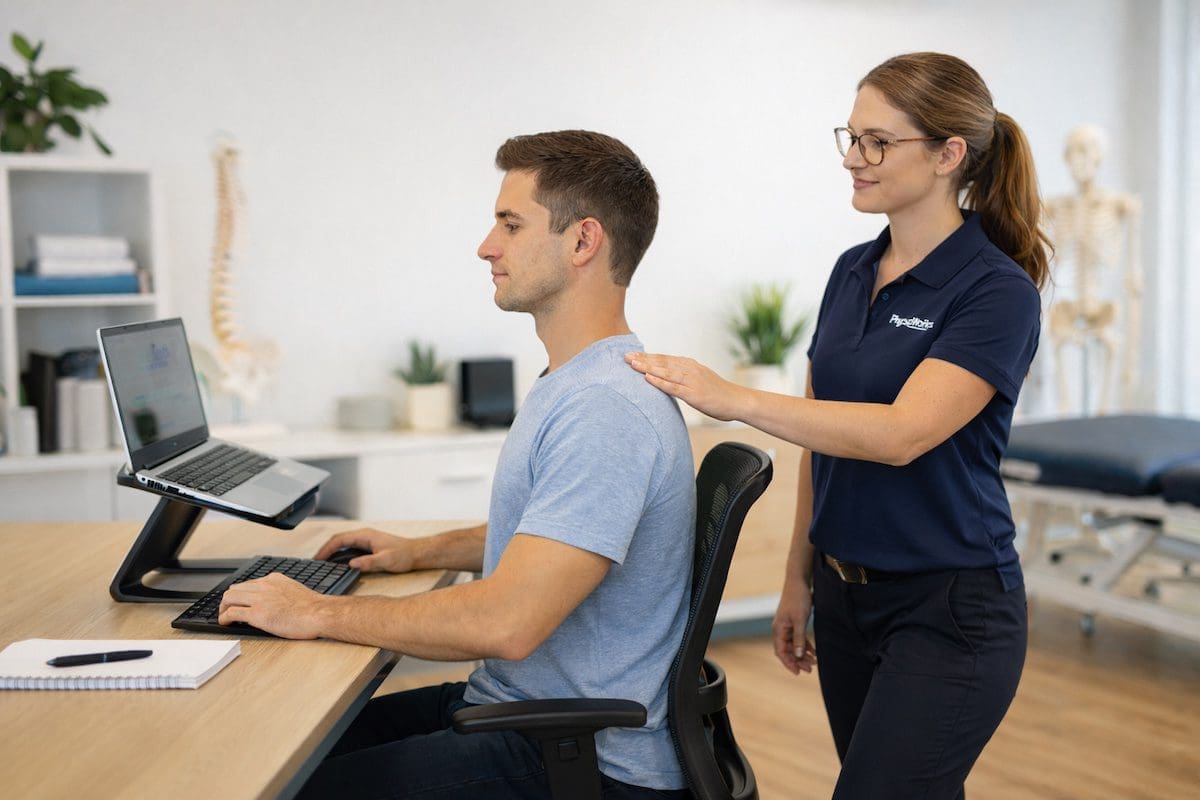 Neck pain prevention posture with physiotherapist guiding correct desk setup alignment