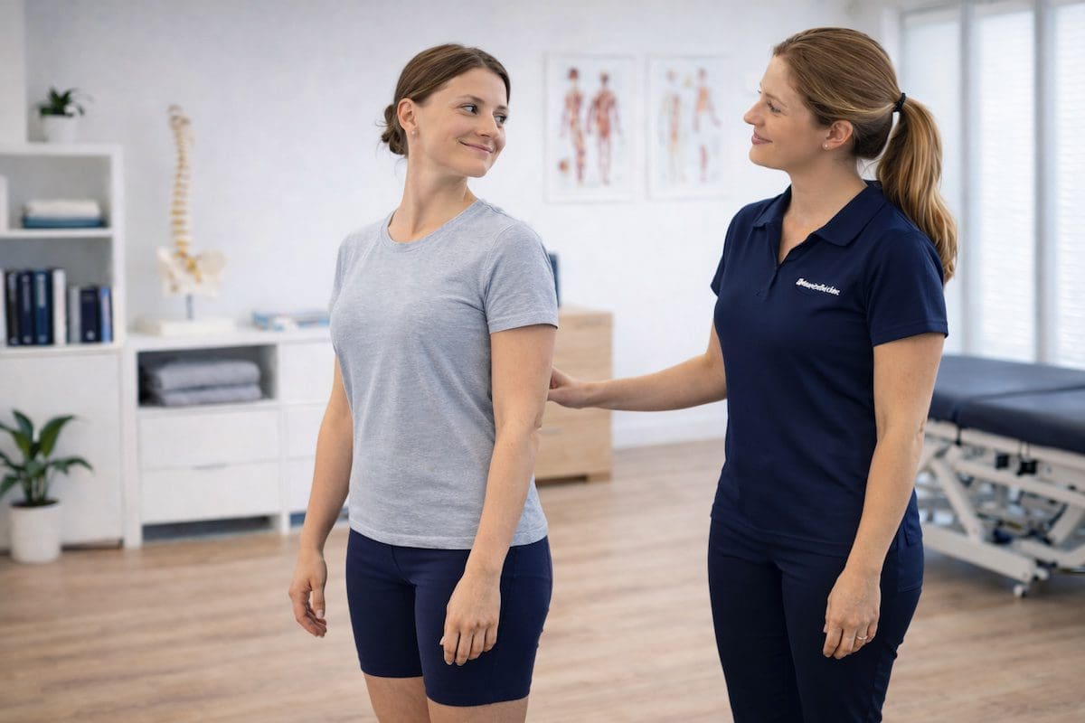 Patient smiling and gently turning her neck toward physiotherapist with relaxed posture in physiotherapy clinic