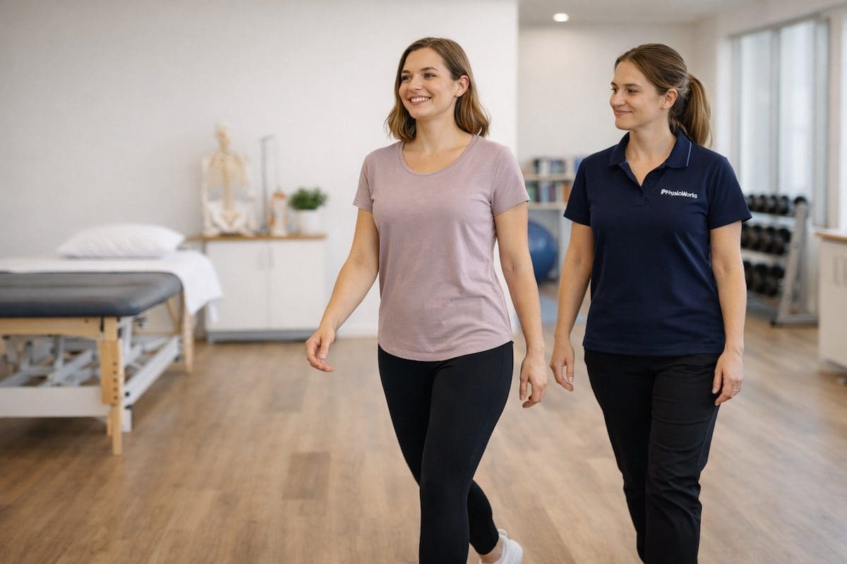 neck-pain-recovery-confident-walking-physiotherapy-clinic Neck pain recovery patient walking confidently with normal posture in physiotherapy clinic